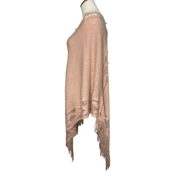 C-Mode Women’s OS Pullover Knit Poncho Sweater Fringe Pearls Pink NEW - Picture 4 of 7